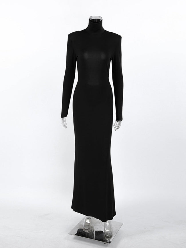 Backless Turtleneck Long Sleeve Bodycon Maxi Dress - Your Second Look