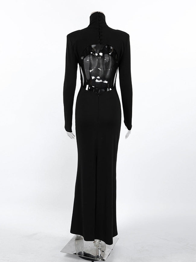 Backless Turtleneck Long Sleeve Bodycon Maxi Dress - Your Second Look