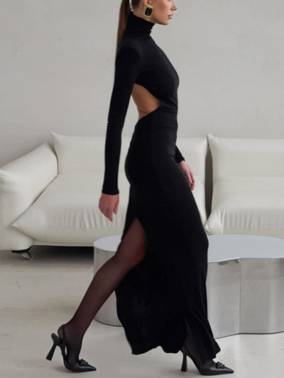 Backless Turtleneck Long Sleeve Bodycon Maxi Dress - Your Second Look
