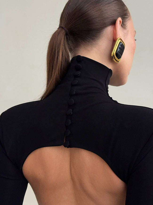 Backless Turtleneck Long Sleeve Bodycon Maxi Dress - Your Second Look