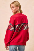 BiBi Christmas Theme Plaid Block Sweatshirt with Binding - Your Second Look