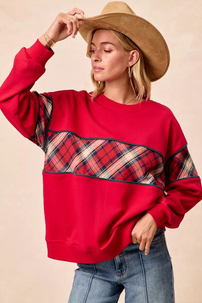 BiBi Christmas Theme Plaid Block Sweatshirt with Binding - Your Second Look
