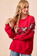 BiBi Christmas Theme Plaid Block Sweatshirt with Binding - Your Second Look