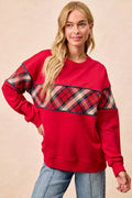 BiBi Christmas Theme Plaid Block Sweatshirt with Binding - Your Second Look