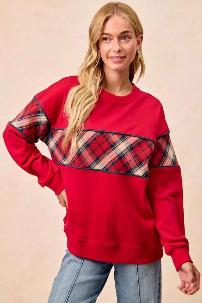 BiBi Christmas Theme Plaid Block Sweatshirt with Binding - Your Second Look