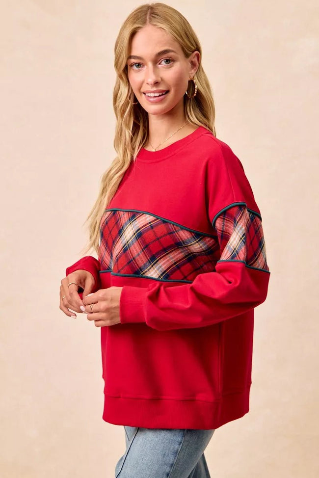 BiBi Christmas Theme Plaid Block Sweatshirt with Binding - Your Second Look