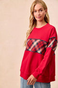 BiBi Christmas Theme Plaid Block Sweatshirt with Binding - Your Second Look