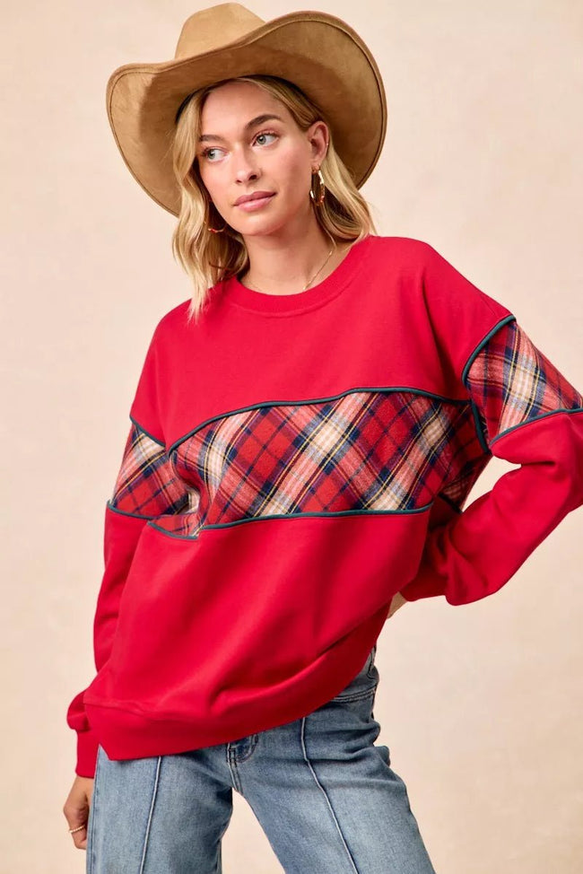 BiBi Christmas Theme Plaid Block Sweatshirt with Binding - Your Second Look