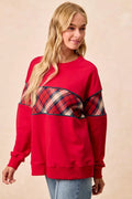 BiBi Christmas Theme Plaid Block Sweatshirt with Binding - Your Second Look