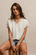 BiBi Knit Solid Contrast Stitch Detail Short Sleeves Sweater - Your Second Look