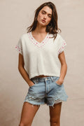 BiBi Knit Solid Contrast Stitch Detail Short Sleeves Sweater - Your Second Look