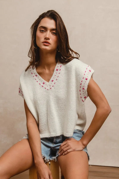 BiBi Knit Solid Contrast Stitch Detail Short Sleeves Sweater - Your Second Look