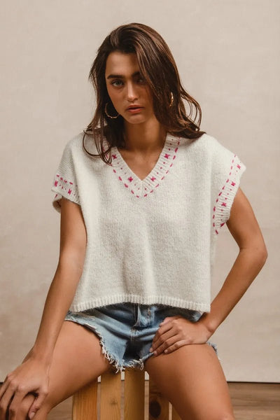BiBi Knit Solid Contrast Stitch Detail Short Sleeves Sweater - Your Second Look