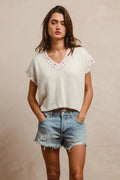 BiBi Knit Solid Contrast Stitch Detail Short Sleeves Sweater - Your Second Look
