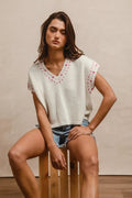 BiBi Knit Solid Contrast Stitch Detail Short Sleeves Sweater - Your Second Look