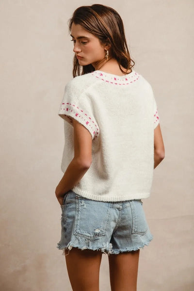 BiBi Knit Solid Contrast Stitch Detail Short Sleeves Sweater - Your Second Look