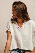 BiBi Knit Solid Contrast Stitch Detail Short Sleeves Sweater - Your Second Look