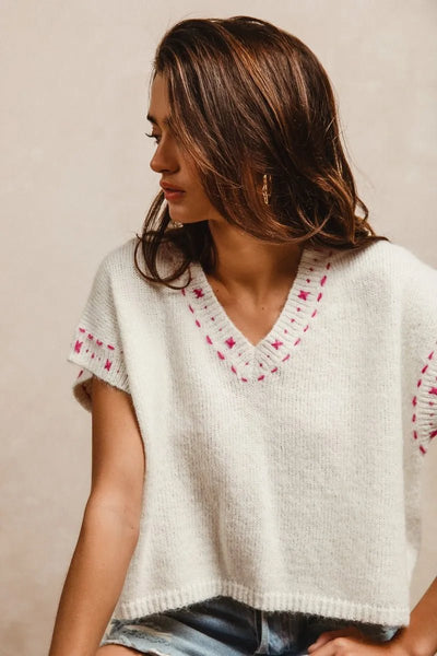 BiBi Knit Solid Contrast Stitch Detail Short Sleeves Sweater - Your Second Look