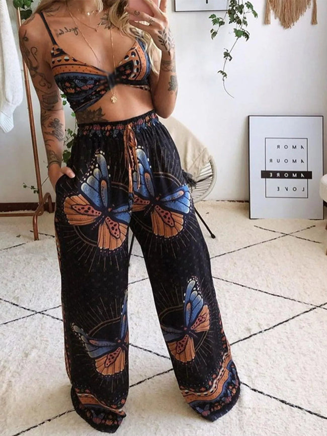 Boho Butterfly Print Top and Pants Set - Your Second Look