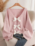 Bow - knot Front V - Neck Knit Cardigan - Your Second Look