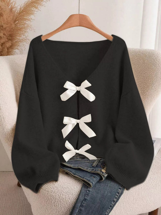 Bow - knot Front V - Neck Knit Cardigan - Your Second Look
