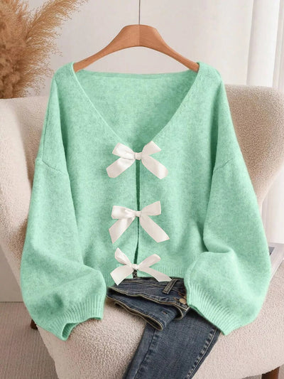 Bow - knot Front V - Neck Knit Cardigan - Your Second Look
