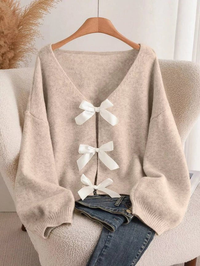 Bow - knot Front V - Neck Knit Cardigan - Your Second Look