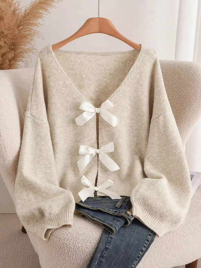 Bow - knot Front V - Neck Knit Cardigan - Your Second Look