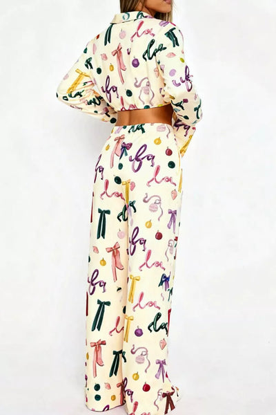 Bow Print Top and Wide Leg Pants Lounge Set - Your Second Look