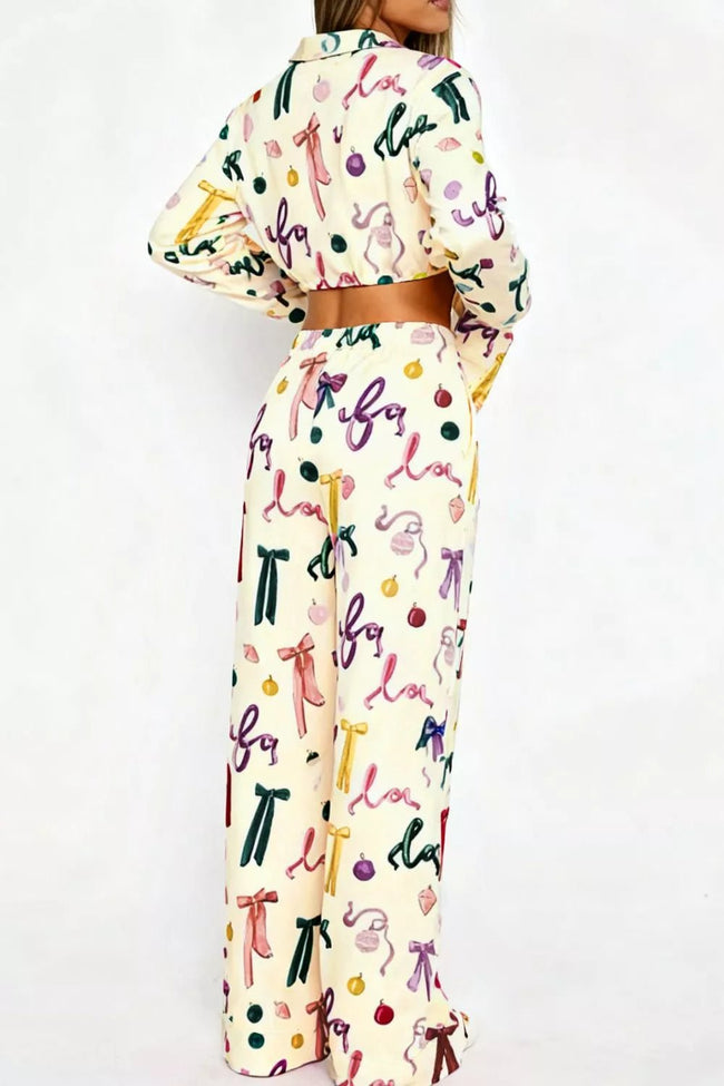Bow Print Top and Wide Leg Pants Lounge Set - Your Second Look