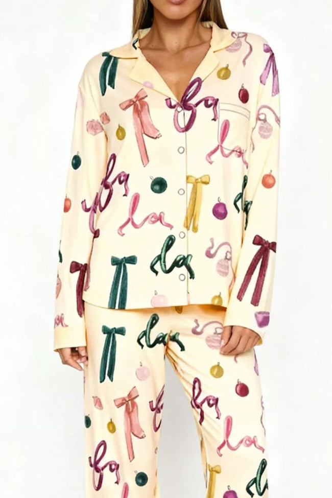 Bow Print Top and Wide Leg Pants Lounge Set - Your Second Look