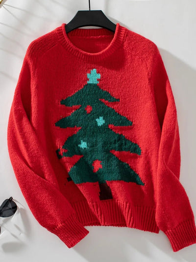 Christmas Tree Round Neck Raglan Sleeve Sweater - Your Second Look
