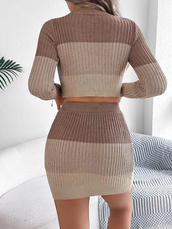 Color Block Ribbed Knit Top and Skirt Sweater Set - Your Second Look