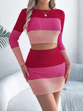 Color Block Ribbed Knit Top and Skirt Sweater Set - Your Second Look
