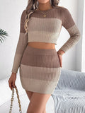 Color Block Ribbed Knit Top and Skirt Sweater Set - Your Second Look