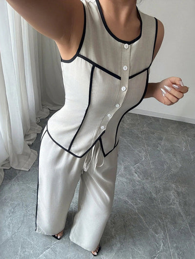 Contrast Piping Round Neck Top and Wide - Leg Pants Set - Your Second Look