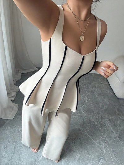 Contrast Piping Top and Wide Leg Pants Set - Your Second Look