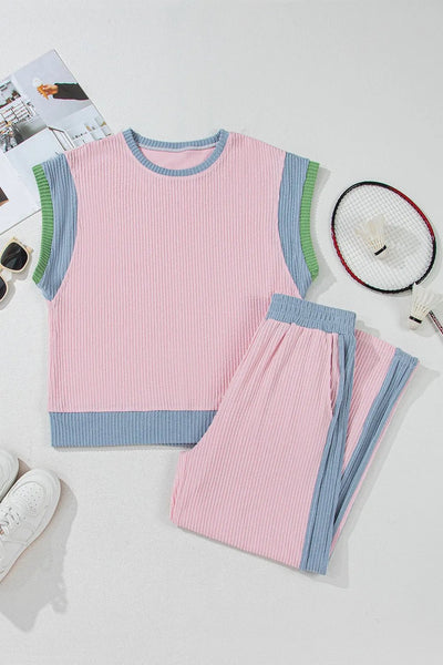 Contrast Round Neck Top and Pants Set - Your Second Look