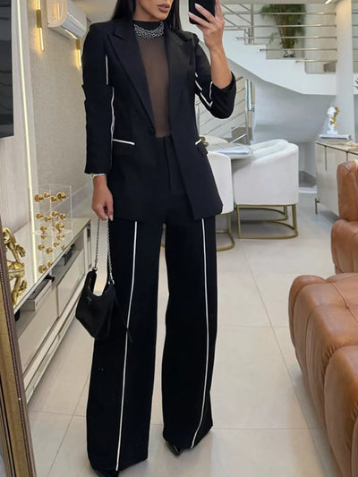Contrast Trim Blazer & Wide Leg Pants Set - Your Second Look