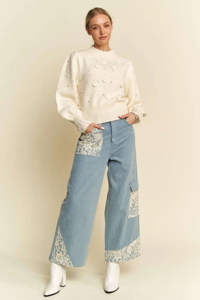 Davi & Dani Lace Applique Wide Leg Jeans - Your Second Look