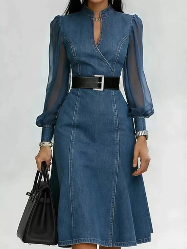 Denim Midi Dress with Sheer Sleeves - Your Second Look