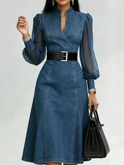 Denim Midi Dress with Sheer Sleeves - Your Second Look