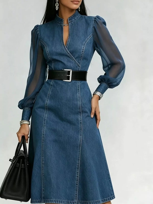 Denim Midi Dress with Sheer Sleeves - Your Second Look