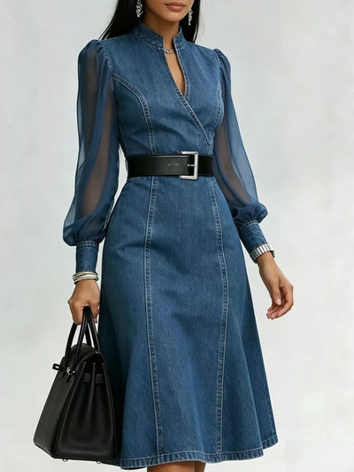 Denim Midi Dress with Sheer Sleeves - Your Second Look