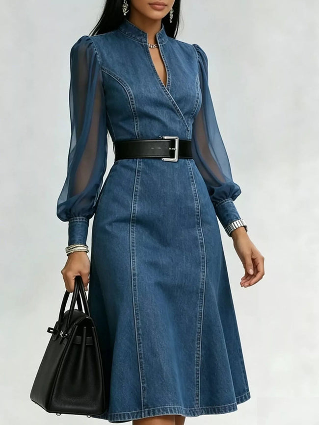 Denim Midi Dress with Sheer Sleeves - Your Second Look