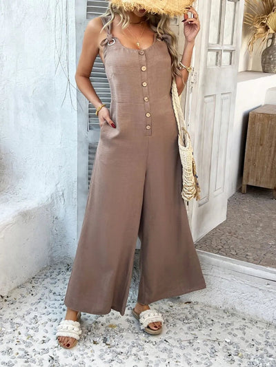 Devine Button Front Knotted Strap Wide Leg Jumpsuit - Your Second Look