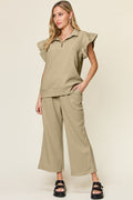Double Take Texture Ruffle Short Sleeve Top and Drawstring Wide Leg Pants Set - Your Second Look