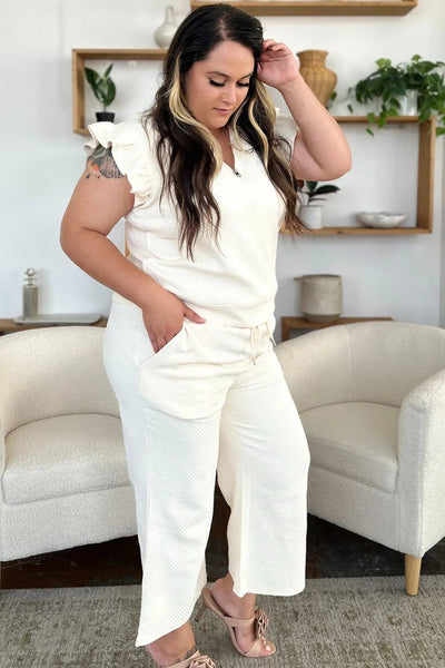 Double Take Texture Ruffle Short Sleeve Top and Drawstring Wide Leg Pants Set - Your Second Look