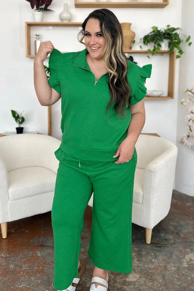 Double Take Texture Ruffle Short Sleeve Top and Drawstring Wide Leg Pants Set - Your Second Look