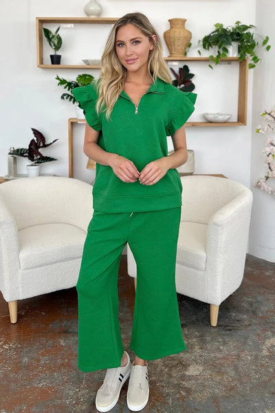 Double Take Texture Ruffle Short Sleeve Top and Drawstring Wide Leg Pants Set - Your Second Look